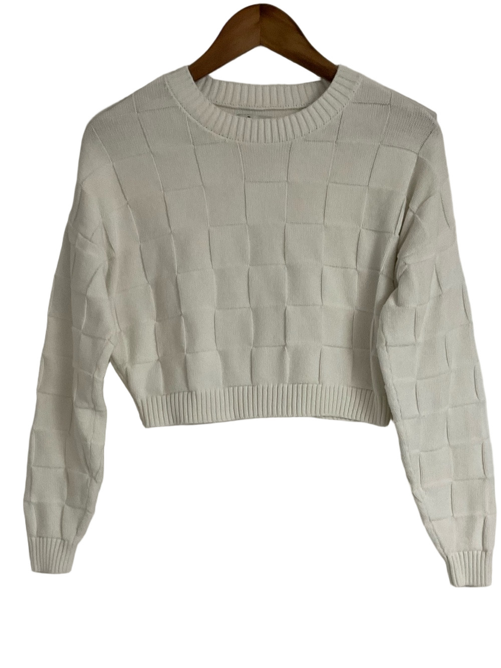 Hollister White Crew Neck Basketweave Cropped Sweater Size Small